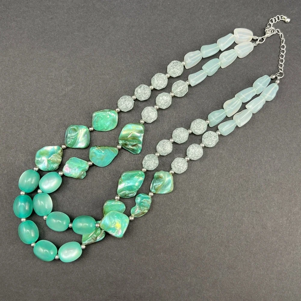Multi Strand Beaded Necklace Green Shell Aqua Lucite Moonglow 20.5